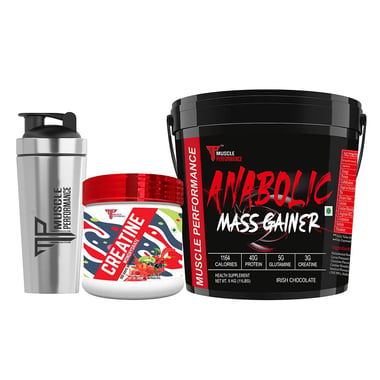 Muscle Performance Anabolic Mass Gainer with Creatine Monohydrate 0.66 lbs & Steel Shaker Combo,  11 lb  Irish Chocolate 