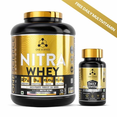 One Science Nitra Whey Tiger Combo Pack, 4 lb Cookies and Cream with Daily Multivitamin 60 Capsules