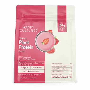 Happy Cultures Tastiest Plant Protein, 1.11 lb Real Mahabaleshwar Strawberry with Almond Chunks