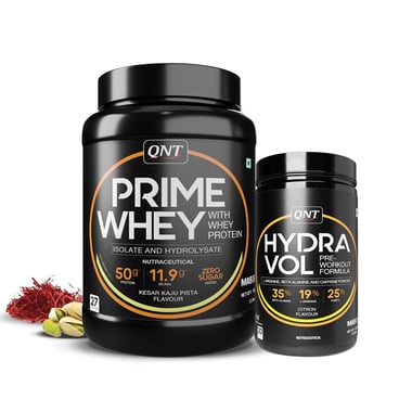 QNT Prime Whey 2.2 lb Kesar Kaju Pista with Hydra Vol Pre Workout Combo,  0.88 lb  Citron 