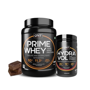 QNT Prime Whey 2.2 lb Irish Chocolate with Hydra Vol Pre Workout Combo, 0.88 lb Fruit Punch