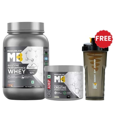 MuscleBlaze Biozyme Performance Whey 1kg Chocolate Hazelnut  & Creatine Monohydrate CreAMP 100g Combo