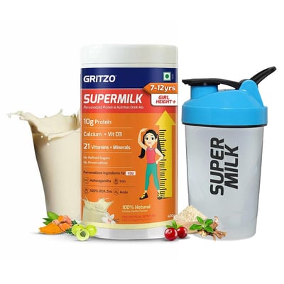 Gritzo SuperMilk Height+ for 7-12 Yrs Girl 400 g Creamy Vanilla & Shaker Combo