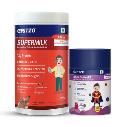 Supermilk Overall Growth 400g Double Chocolate for 13+ Yrs Boy & Iron Gummies Combo