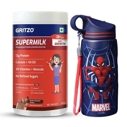 Supermilk Growth for 13+ Yrs Girl 400g Double Chocolate and 500ml Spiderman Sipper Combo