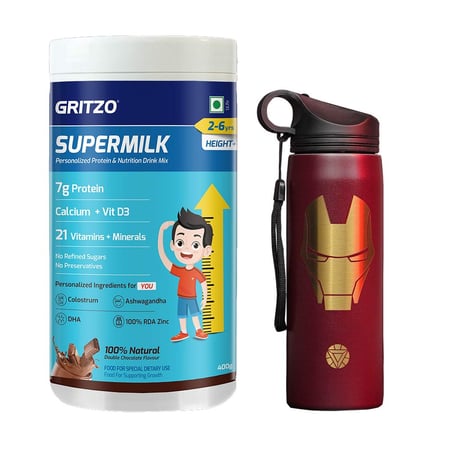 Supermilk Height+ for Boy/Girl 2 to 6 Yrs 400g and Iron Man Sipper 700ml Combo