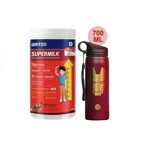 Supermilk Height+ for Boy 13+ Yrs 400g Double Chocolate and 700ml Iron Man Sipper Combo