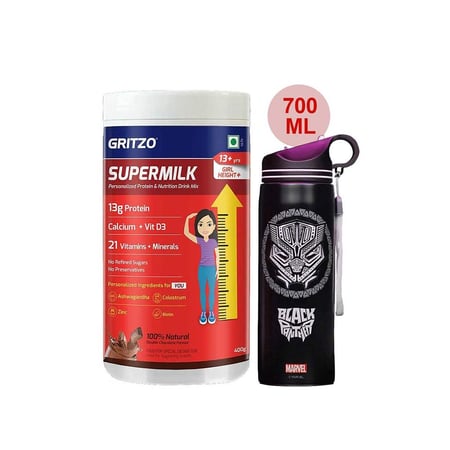 Supermilk Height+ for Girl 13+ Yrs 400g Double Chocolate and 700ml Black Panther Sipper Combo