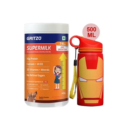 Supermilk Growth+ for Girl 7 to 9 Yrs 400g and 500ml Iron Man Sipper Combo