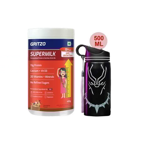 Supermilk Growth+ for Girl 13+ Yrs 400g Cafe Mocha and 500ml Black Panther Sipper Combo