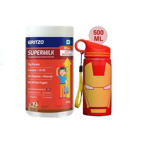 Supermilk Growth+ for Boy 13+ Yrs 400g Cafe Mocha and 500ml Iron Man Sipper Combo
