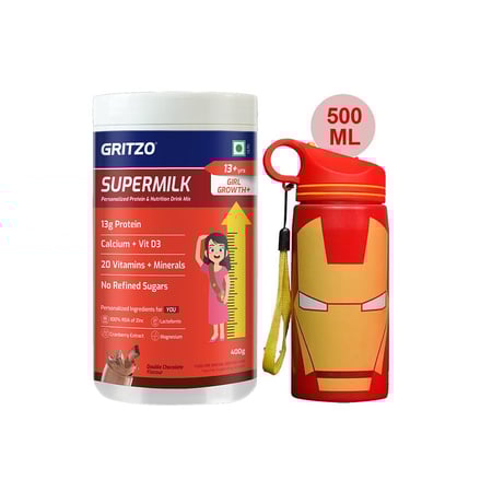 Supermilk Growth+ for Girl 13+ Yrs 400g Double Chocolate and 500ml Iron Man Sipper Combo