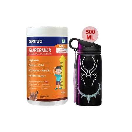Supermilk Growth+ for Boy 7 to 12 Yrs 400g and 500ml Black Panther Sipper Combo
