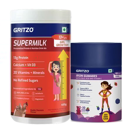Supermilk Growth+ 400g Double Chocolate for 13+ Yrs Girl & Iron Gummies Combo