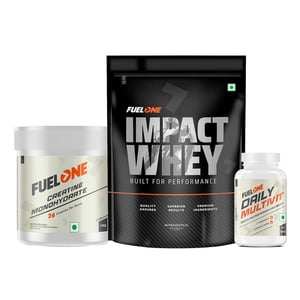 Fuel One Impact Whey Protein 1kg Cold Coffee & Creatine Monohydrate 100g & Daily Multivitamin 30 Tabs Combo