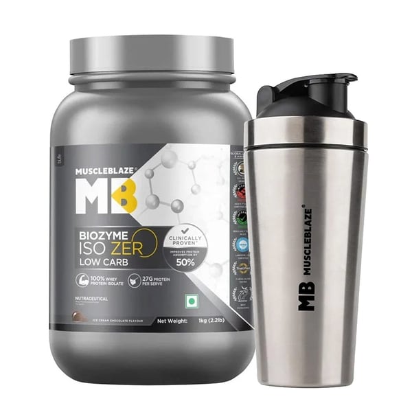 Biozyme Iso-Zero 1 kg and Steel Shaker 700 ml Combo