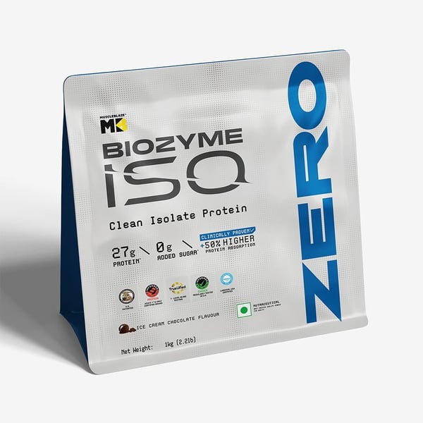 1 - MuscleBlaze Biozyme Iso-Zero, 2.2 lb Low Carb Ice Cream Chocolate (3D Pouch) Iso-Zero