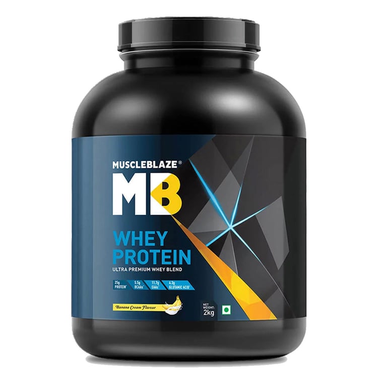 New - MuscleBlaze 100% Whey Protein Supplement Powder with Digestive Enzyme, 4.4 lb 60 Servings (Banana Cream)