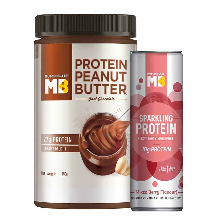 3 - MuscleBlaze High Protein Peanut Butter 750 g Dark Chocolate Creamy with Sparkling Protein Water,  Mixed Berry  250 ml 