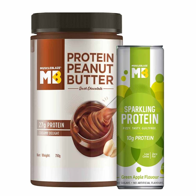 2 - MuscleBlaze High Protein Peanut Butter 750 g Dark Chocolate Creamy with Sparkling Protein Water,  Green Apple  250 ml 