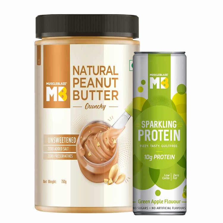 5 - MuscleBlaze Natural Peanut Butter Unsweetened 750 g Crunchy with Sparkling Protein Water,  Green Apple  250 ml 