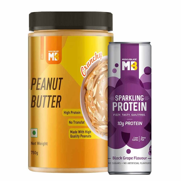 1 - MuscleBlaze Peanut Butter 750 g Crunchy with Sparkling Protein Water,  Black Grape  250 ml 