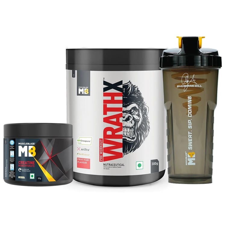 MuscleBlaze Pre Workout WrathX 0.66 lb & Creatine Monohydrate 0.22 lb & Shaker Combo