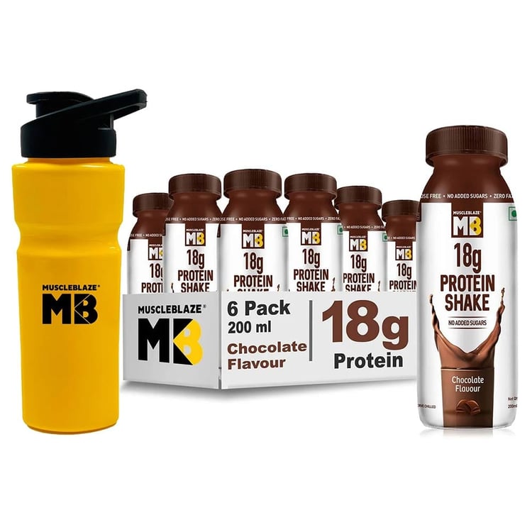 MuscleBlaze 18g Protein Shake, 6 Pc Chocolate - Pack Of 2 & Sipper Combo