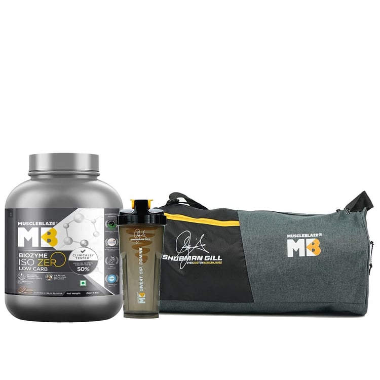 MuscleBlaze Biozyme Iso-Zero 2 kg Low Carb Cookies & Cream & Shaker & Gym Bag Combo
