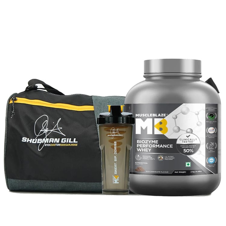 MuscleBlaze Biozyme Performance Whey 2 kg & Gym Bag & Shaker Combo