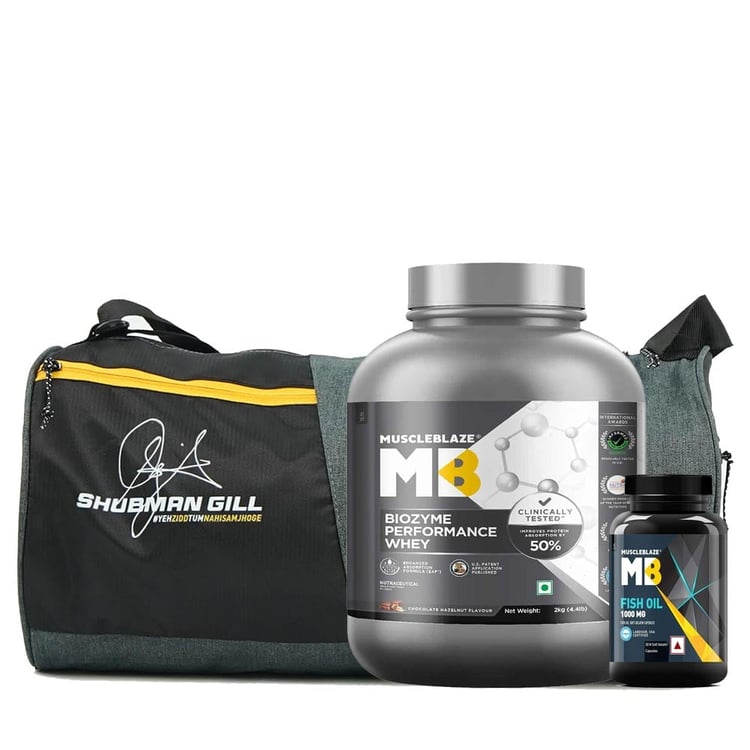 MuscleBlaze Biozyme Performance Whey 2 kg & Fish Oil 30 Caps & Gym Bag Combo