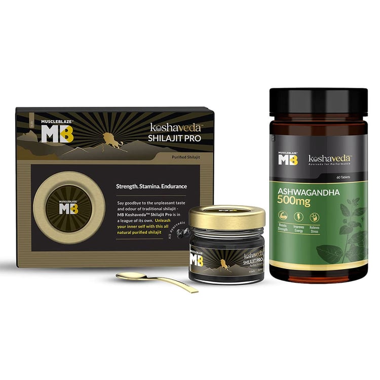Koshaveda Shilajit Pro by MuscleBlaze 20g & Ashwagandha 60 Tabs Combo