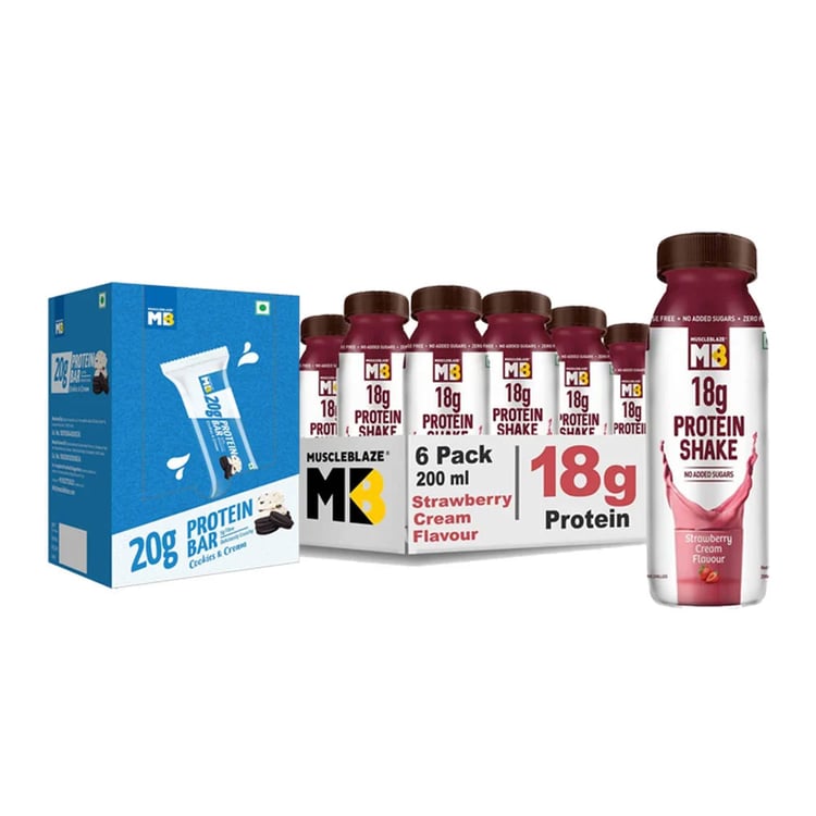MuscleBlaze 18g Protein Shake 6 Piece(s) Strawberry Cream & Protein Bar (20 gm Protein) 6 bars Cookies & Cream Combo