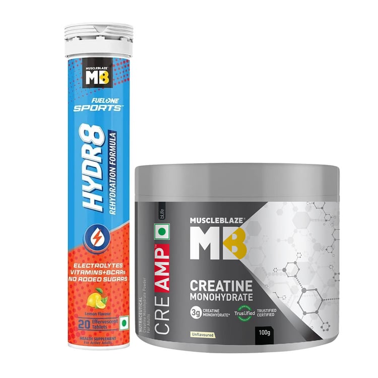 MuscleBlaze Creatine Monohydrate 0.22 lb & Fuel One Sports Hydr8 20 Tabs Lemon Combo