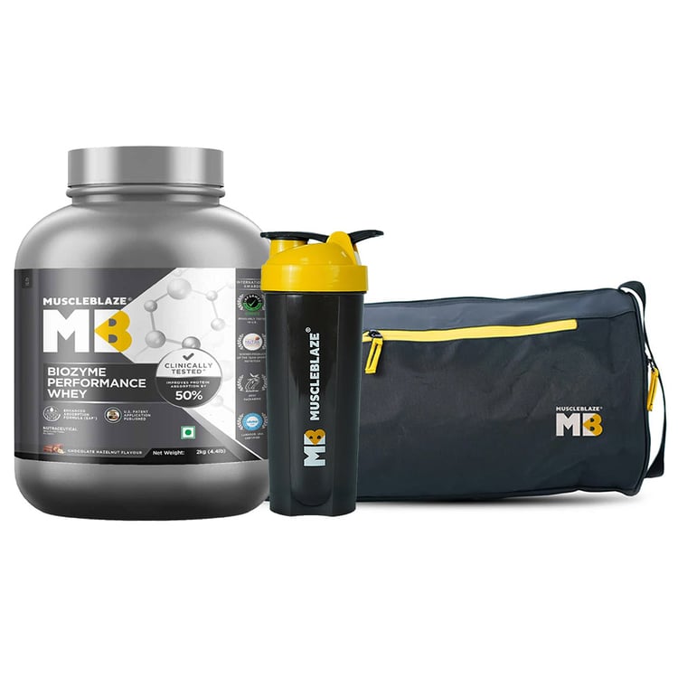 MuscleBlaze Biozyme Performance Whey 2 kg & Gym Bag & Shaker Combo