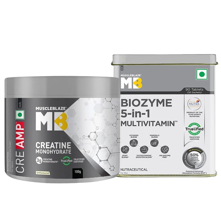 MuscleBlaze Creatine Monohydrate CreAMP 0.22 lb & Biozyme Daily Multivit 90 Tabs Combo