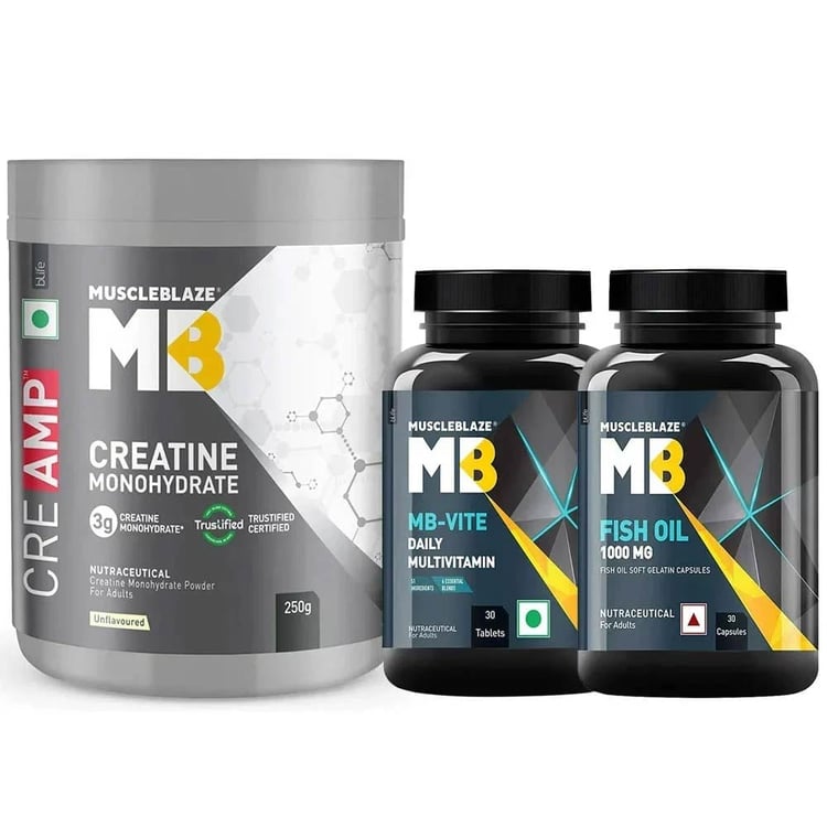 MuscleBlaze Creatine Monohydrate CreAMP 0.55 lb & Fish Oil & MB-VITE 30 Tabs Combo