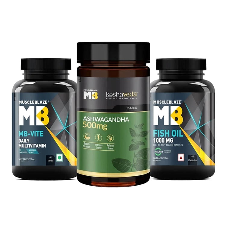 MuscleBlaze Fish Oil & MB-VITE Daily Multivitamin & Ashwagandha 60 Tabs Combo