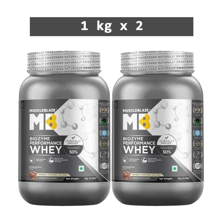 MuscleBlaze Biozyme Performance Whey, 2.2 lb Less Sweet Chocolate (Pack of 2)