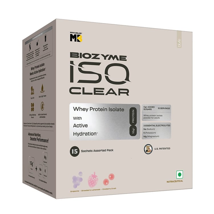 2 - MuscleBlaze Biozyme Clear Whey Isolate, 0.046 lb Strawberry Lemonade Grapevine Cranberry Crush Assorted Pack of 15 (21g*15)