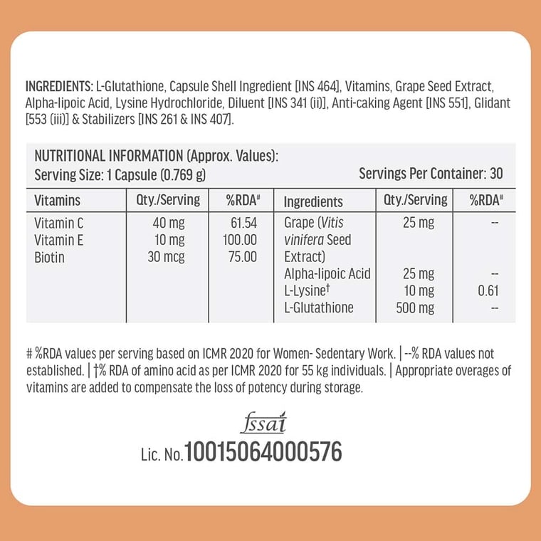 6 - HK Vitals Glutathione,  Unflavoured  30 capsules